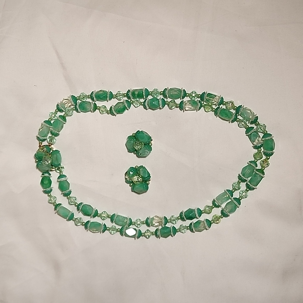 Vintage Hong Kong mint green beaded double strand necklace and clip on earrings